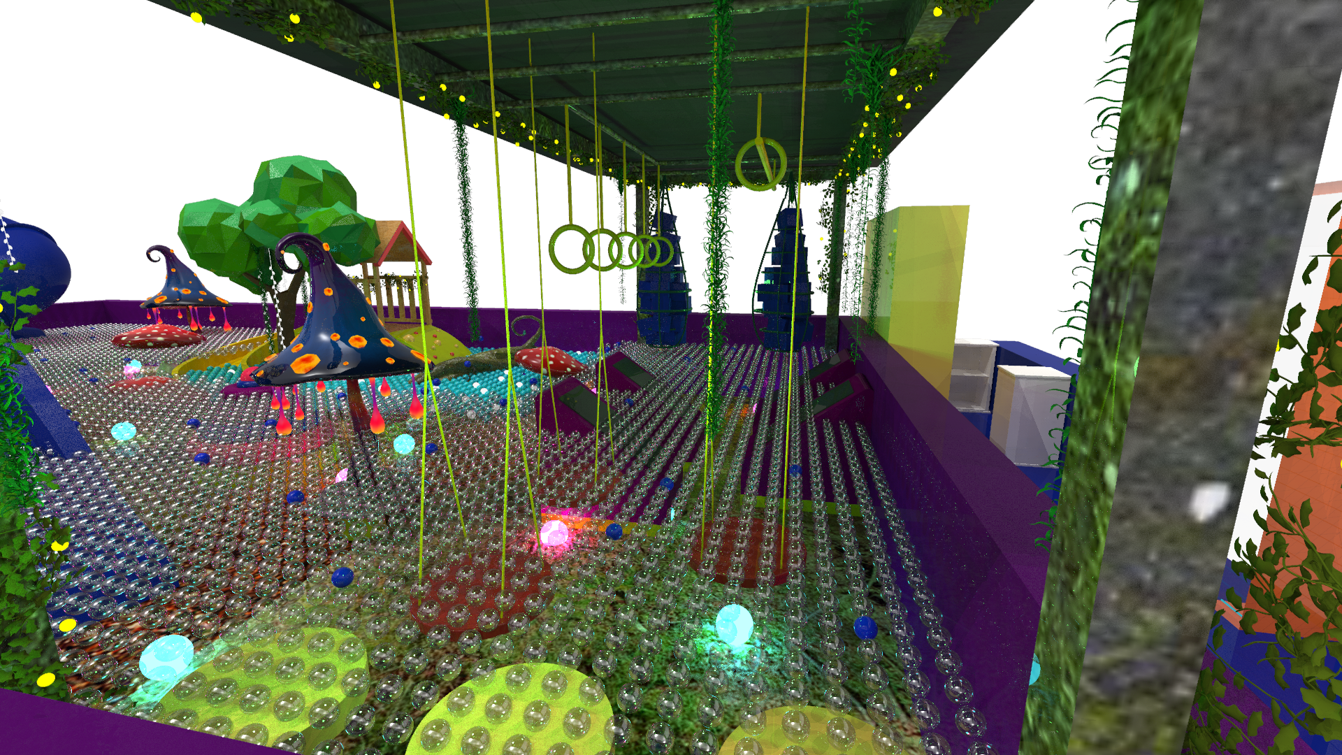 Enchanted Forest, interior view with hanging vines and glowing orbs