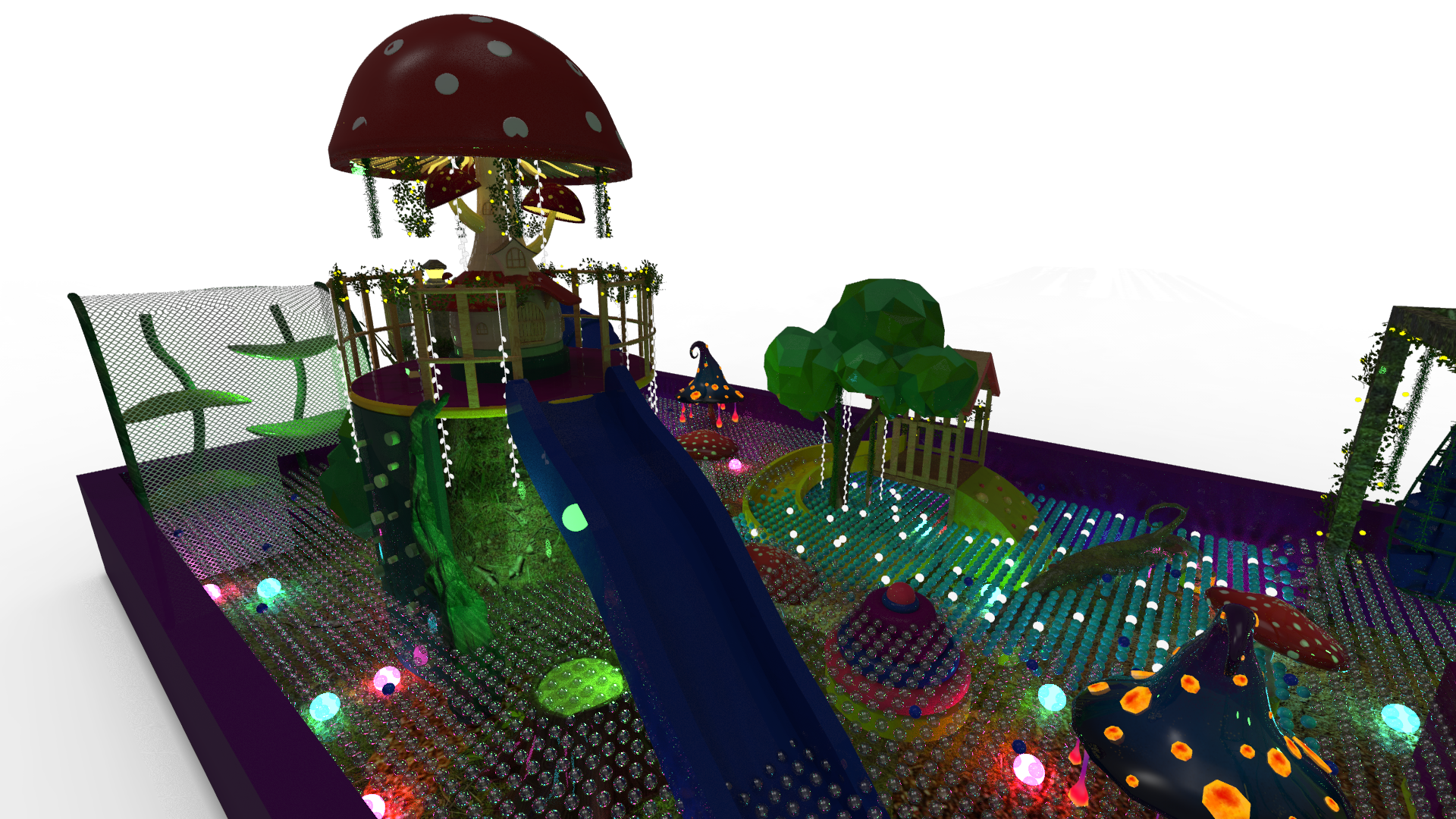 Enchanted Forest, full playground overview with giant mushroom and slide