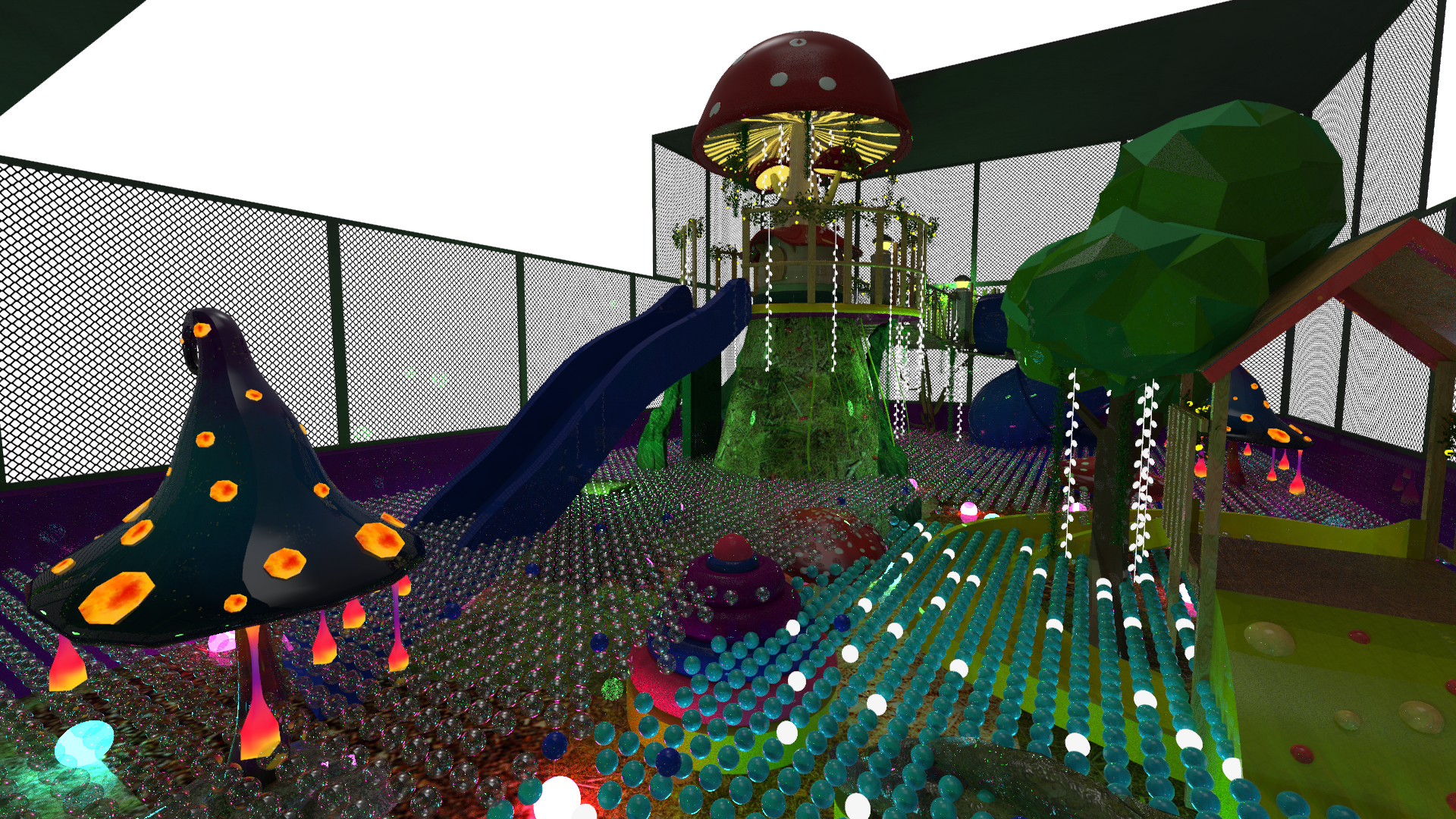 Enchanted Forest, mushroom slide and glowing details