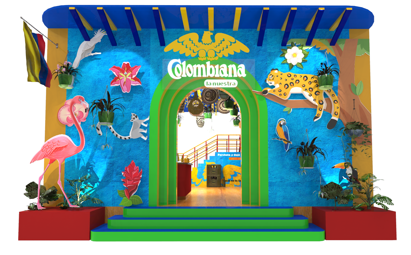 Colombiana, colorful facade with brand entrance arch