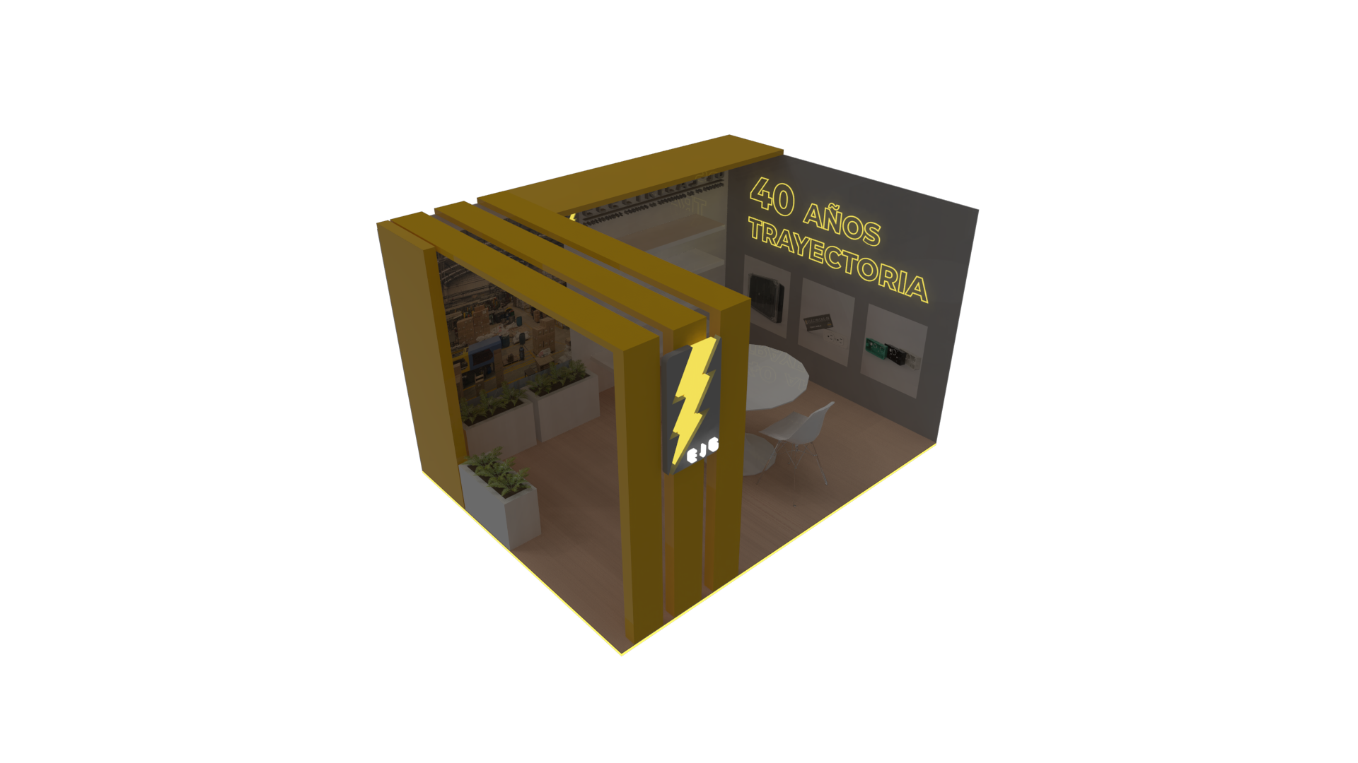 Electricas J.G, exterior 3D view with lightning bolt branding