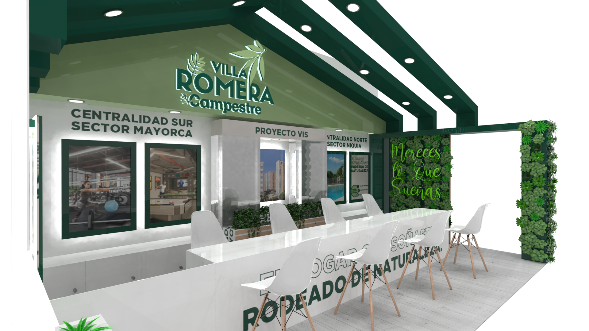 Villa Romera, interior booth with green living wall and consultation desks