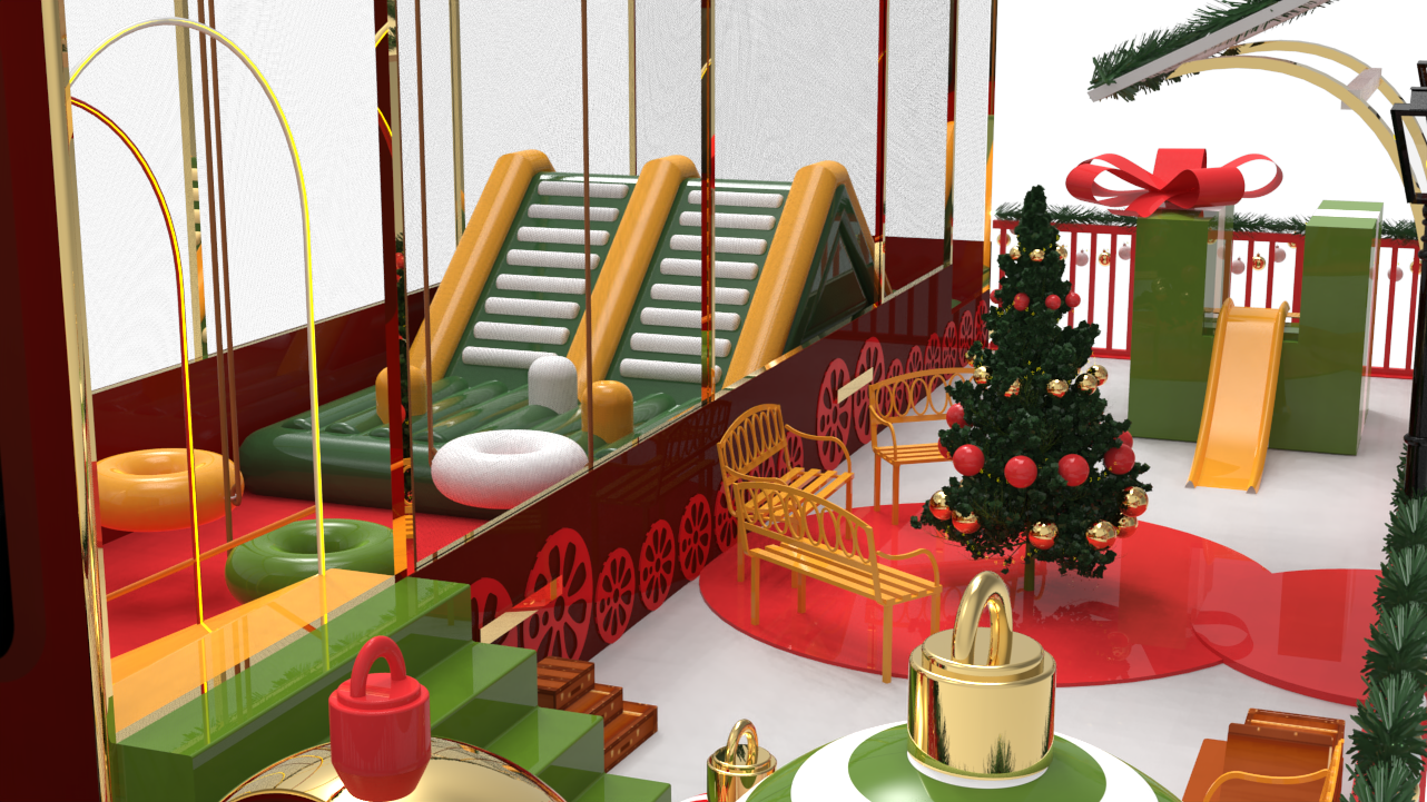 Christmas Express, interior with Christmas tree