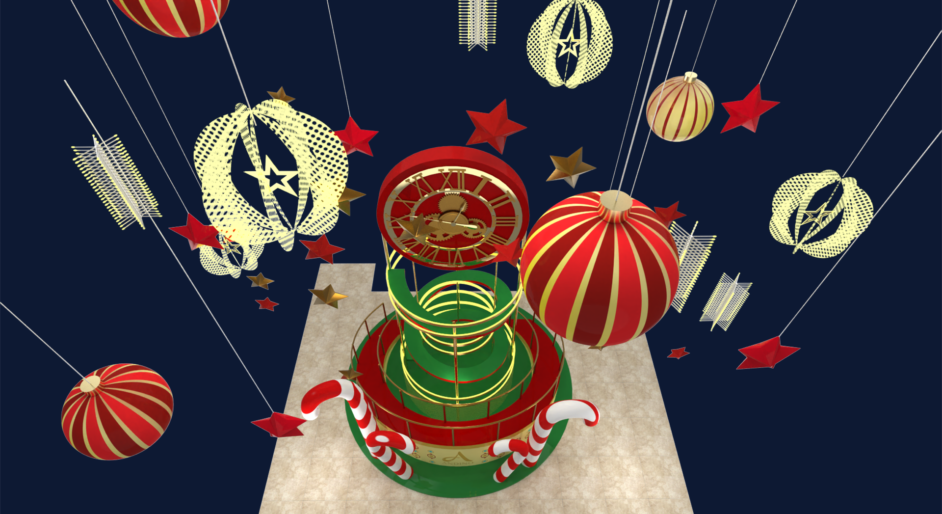 Glowing Season, ornaments and spiral tower from above