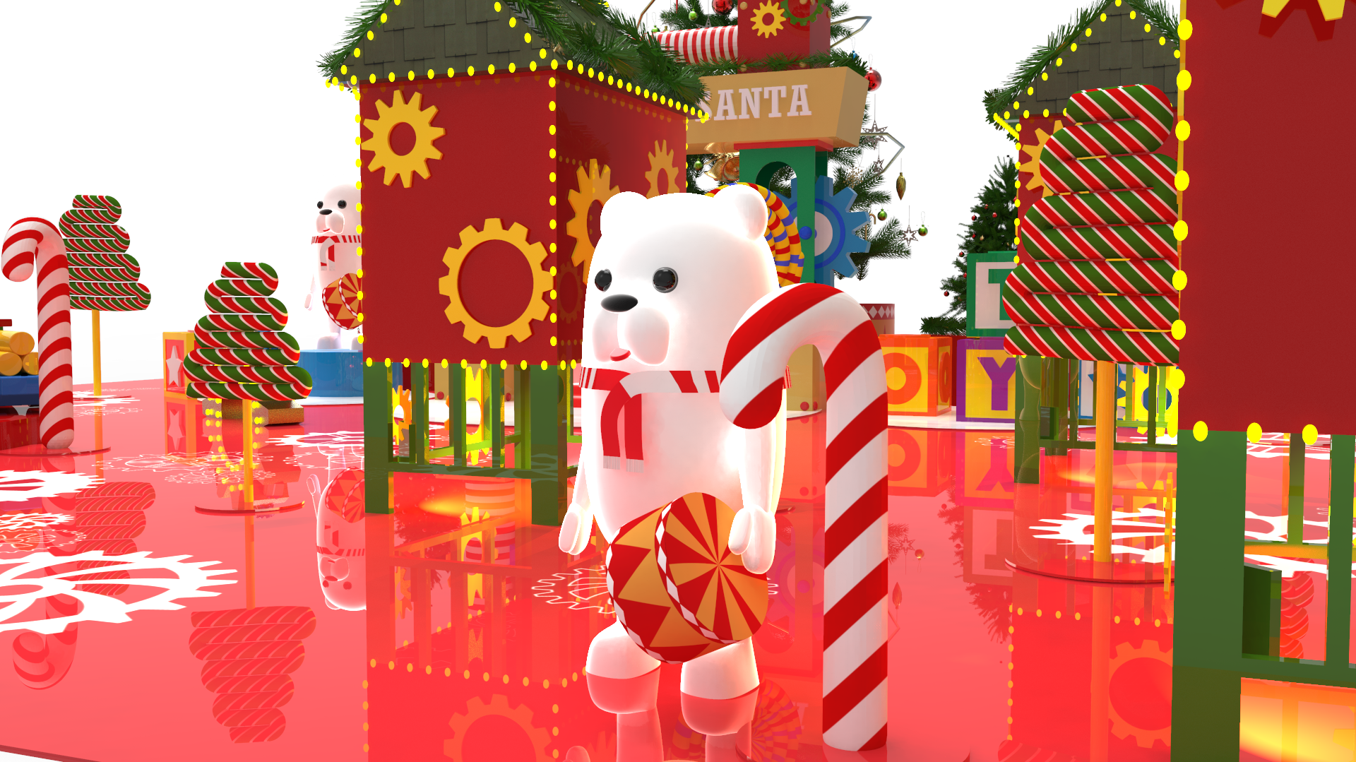 Santa's Factory, polar bear with candy cane